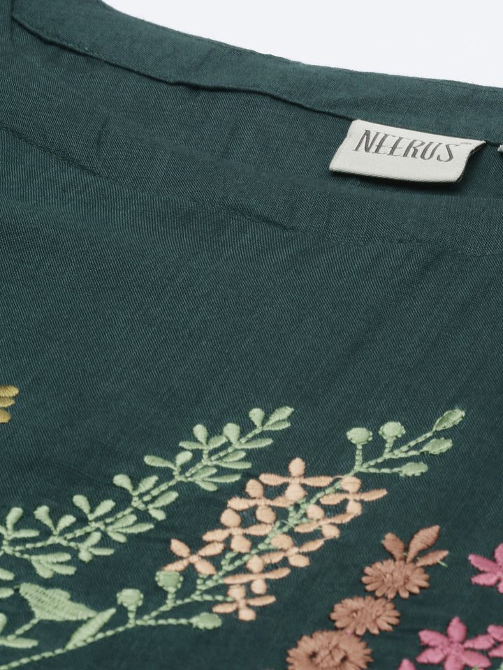 Neerus Green rayon printed kurti - side view