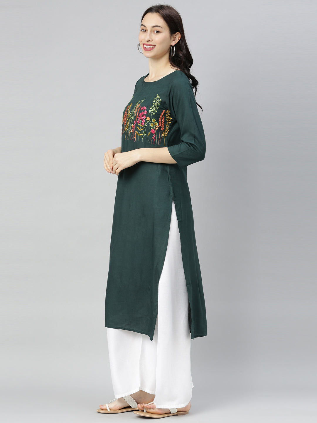 Neerus Green rayon printed kurti - detail view 1