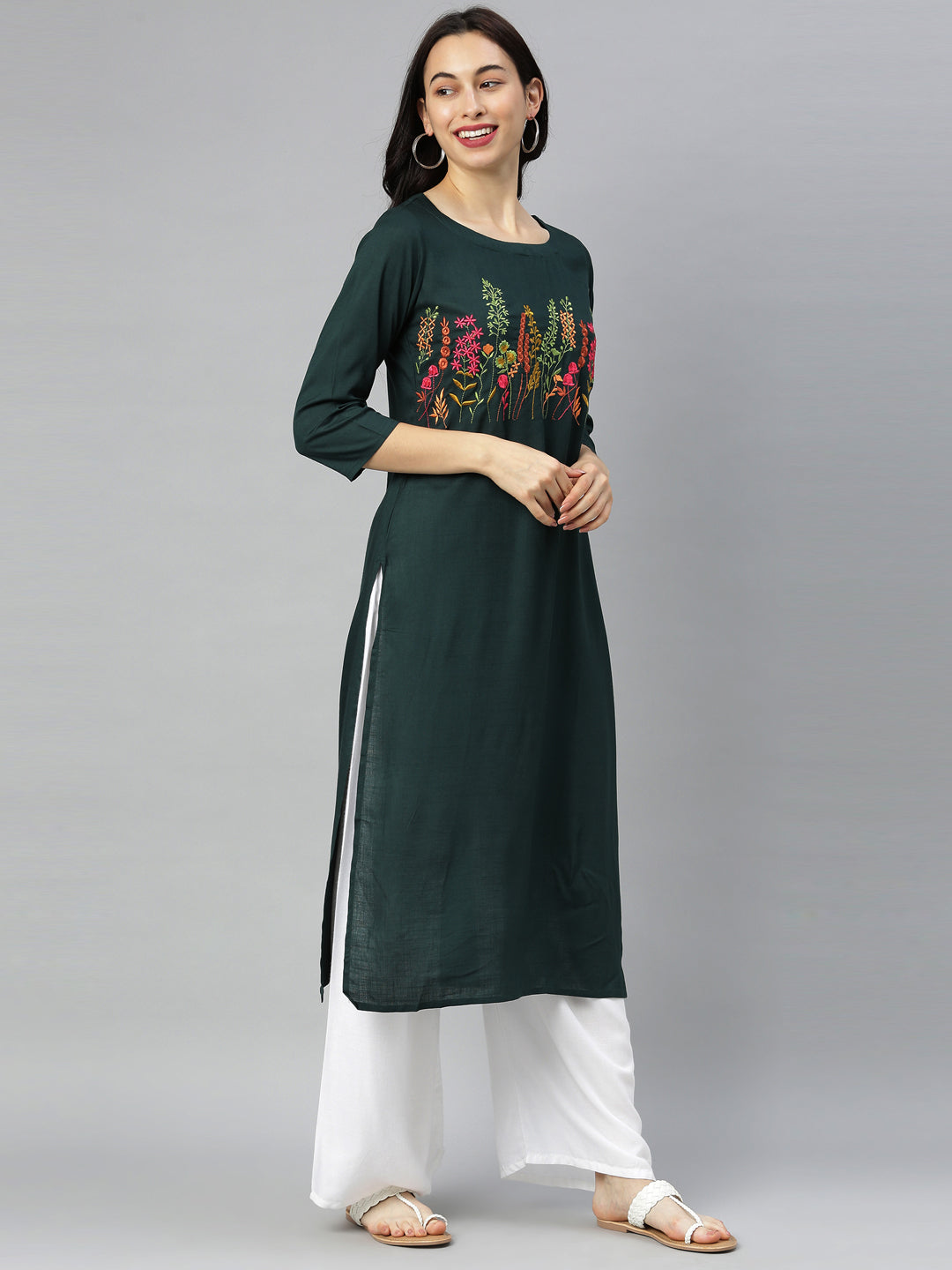 Neerus Green rayon printed kurti - detail view 2