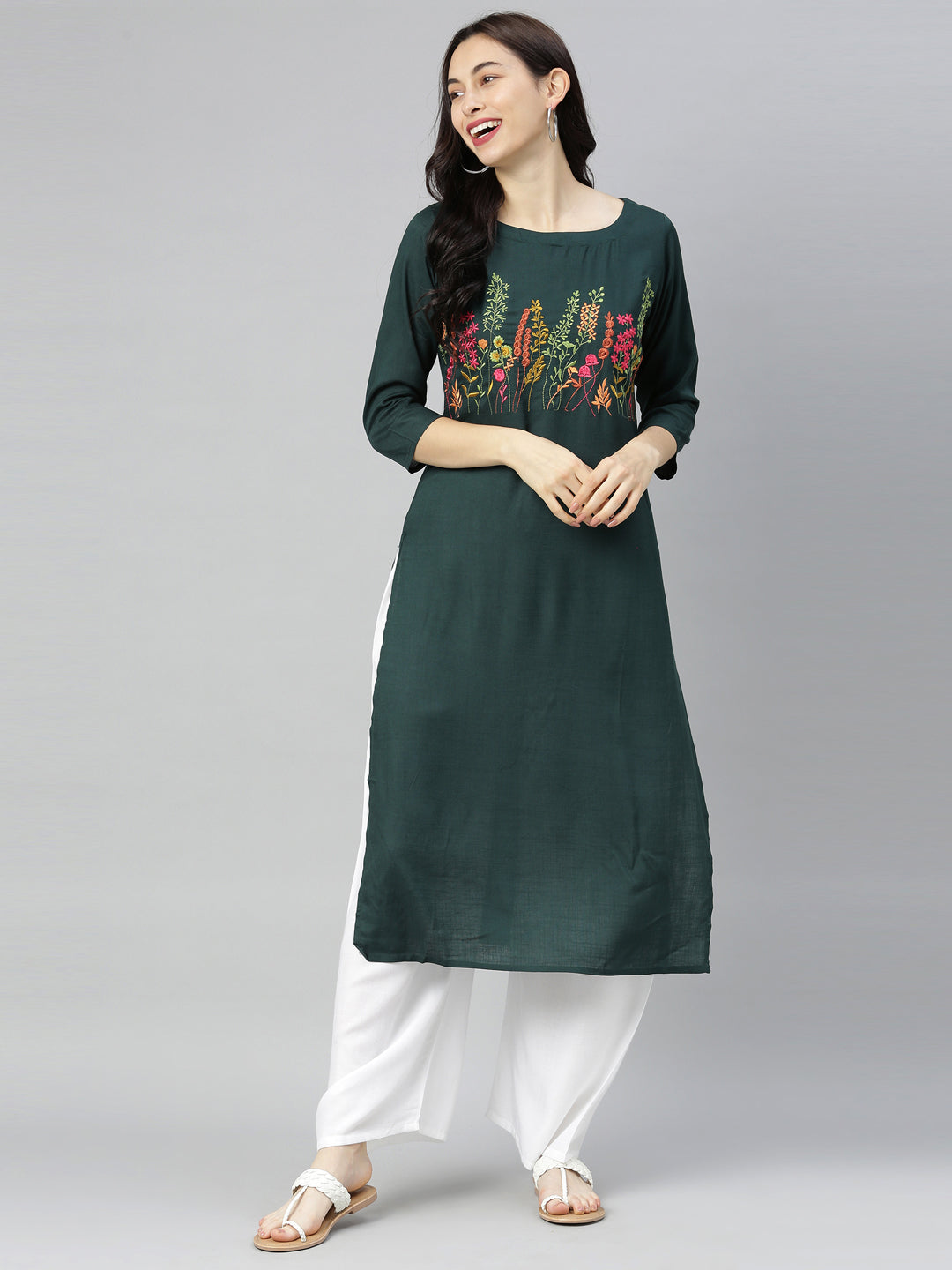 Neerus Green rayon printed kurti - detail view 4