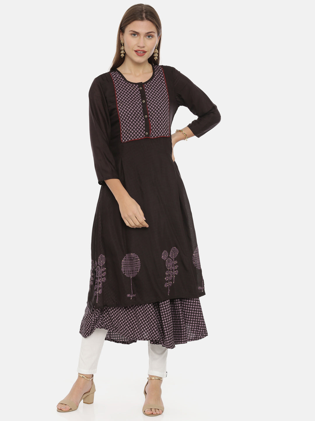 Neerus Brown cotton A-line kurta - front view