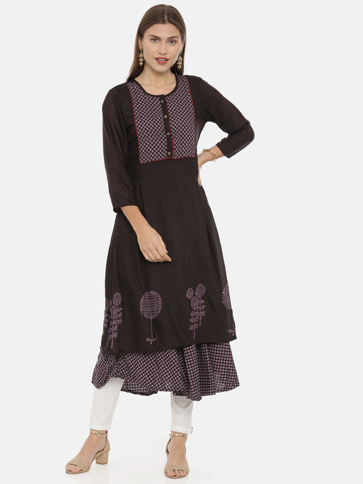 Neerus Brown cotton A-line kurta - front view
