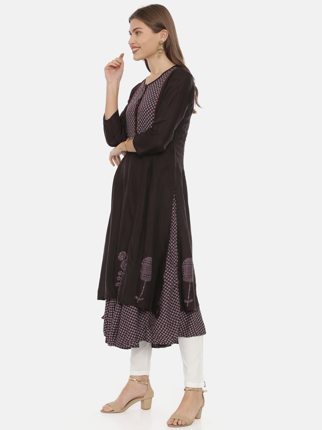 Neerus Brown cotton A-line kurta - side view