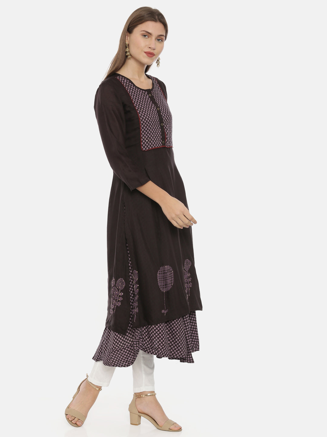 Neerus Brown cotton A-line kurta - detail view 1