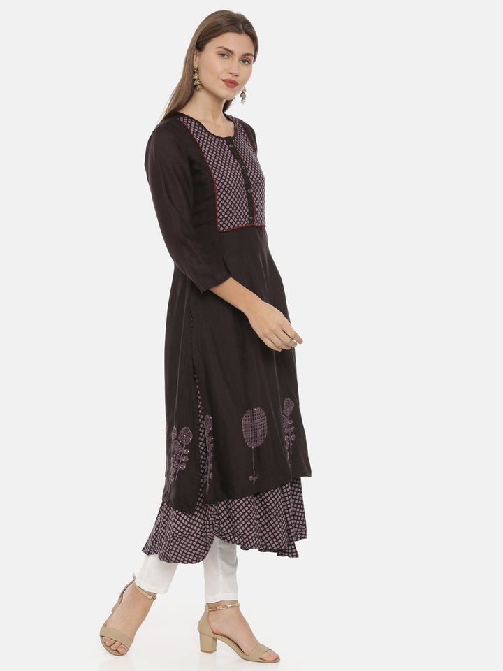 Neerus Brown cotton A-line kurta - detail view 1
