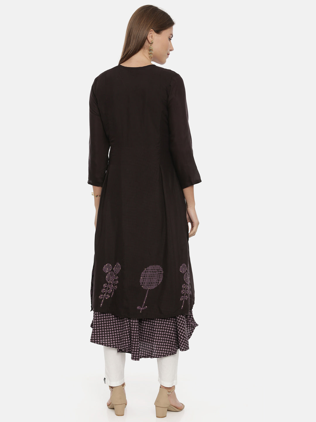 Neerus Brown cotton A-line kurta - detail view 2
