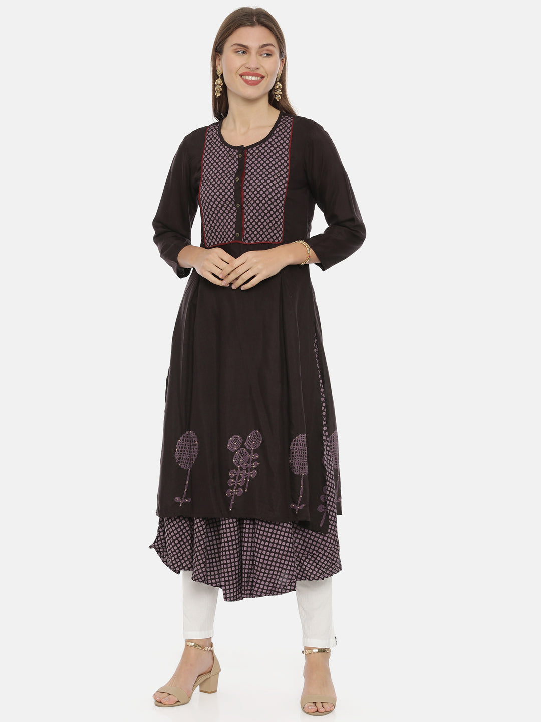 Neerus Brown cotton A-line kurta - detail view 3