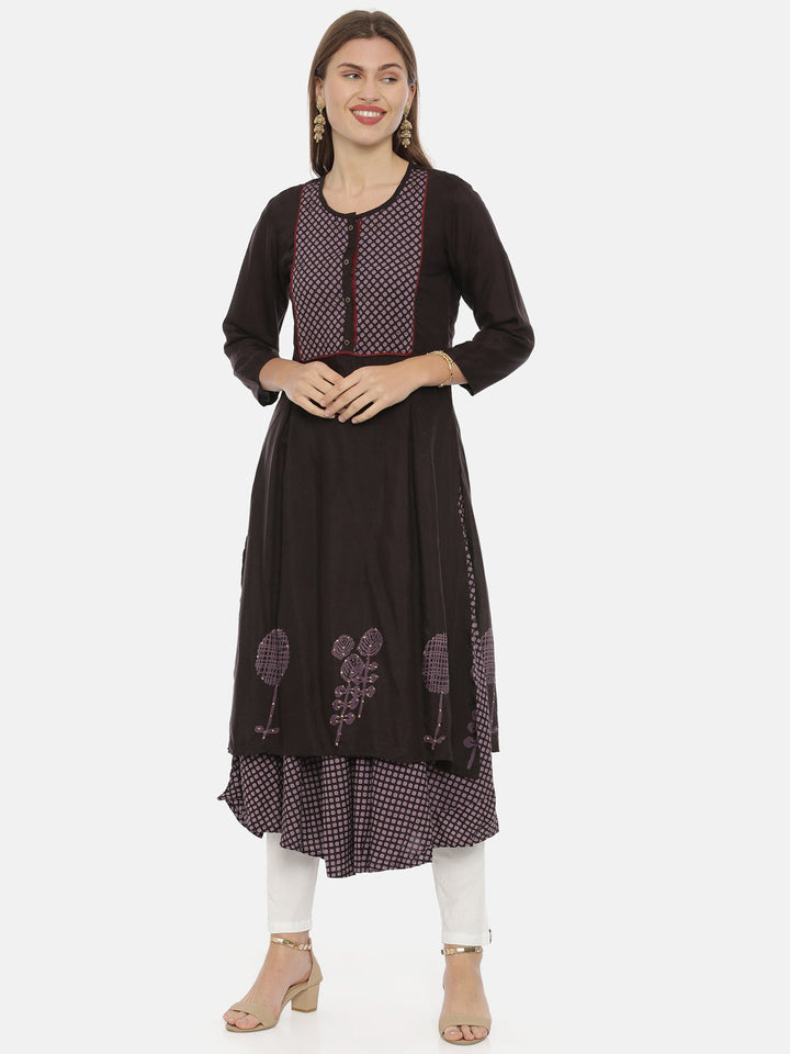 Neerus Brown cotton A-line kurta - detail view 3