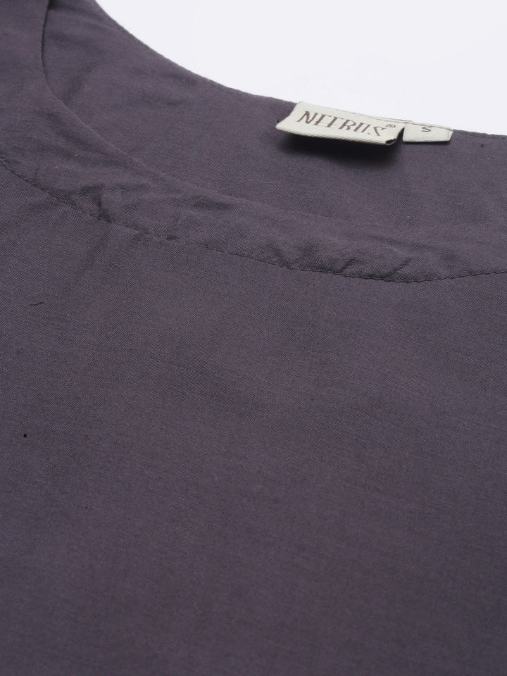 Neerus Grey muslin embroidered high-low kurti - back view