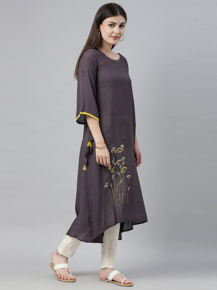 Neerus Grey muslin embroidered high-low kurti - detail view 3