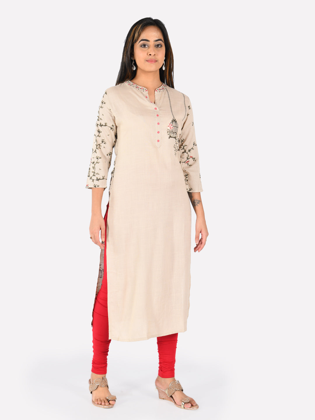 Neerus Beige rayon embroidered straight kurta - detail view 2