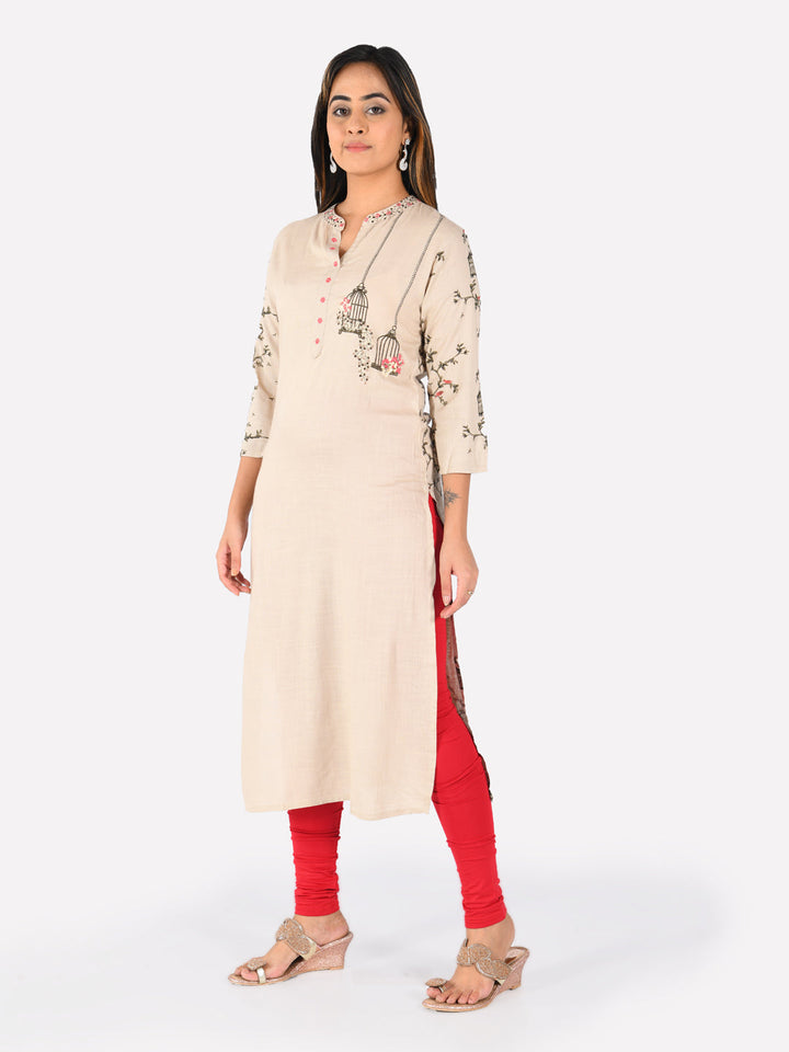 Neerus Beige rayon embroidered straight kurta - front view