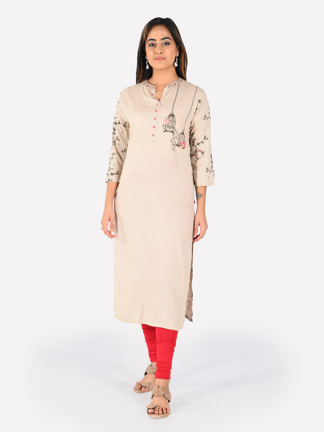 Neerus Beige rayon embroidered straight kurta - back view