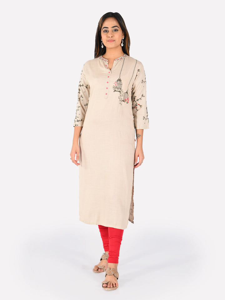 Neerus Beige rayon embroidered straight kurta - back view