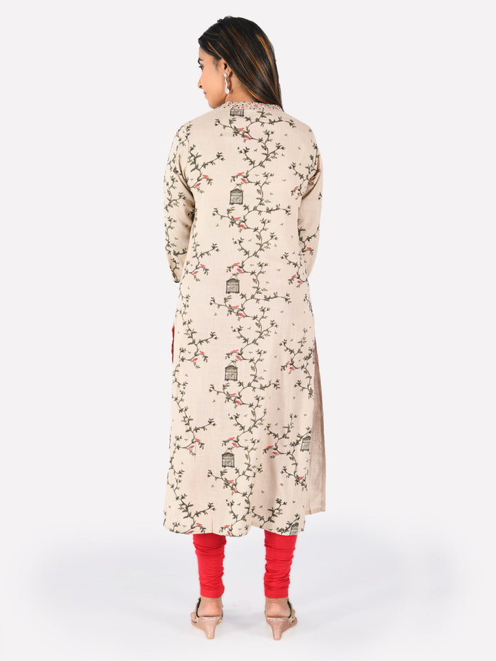 Neerus Beige rayon embroidered straight kurta - side view