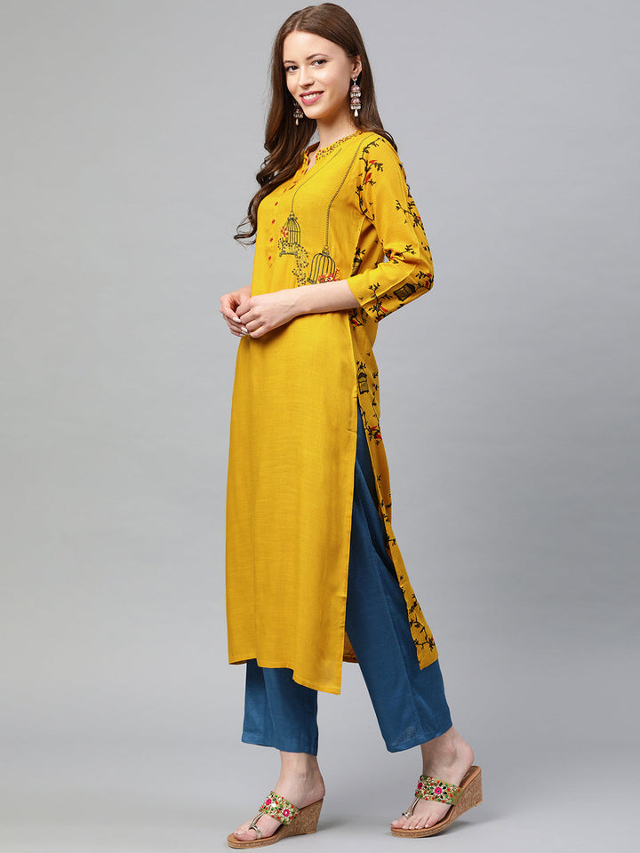 Neerus Yellow rayon embroidered straight kurta - side view