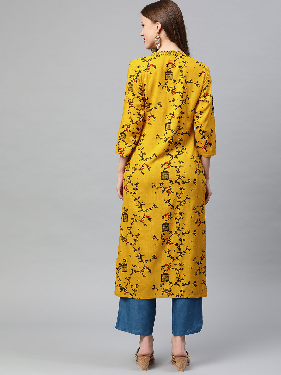 Neerus Yellow rayon embroidered straight kurta - detail view 1