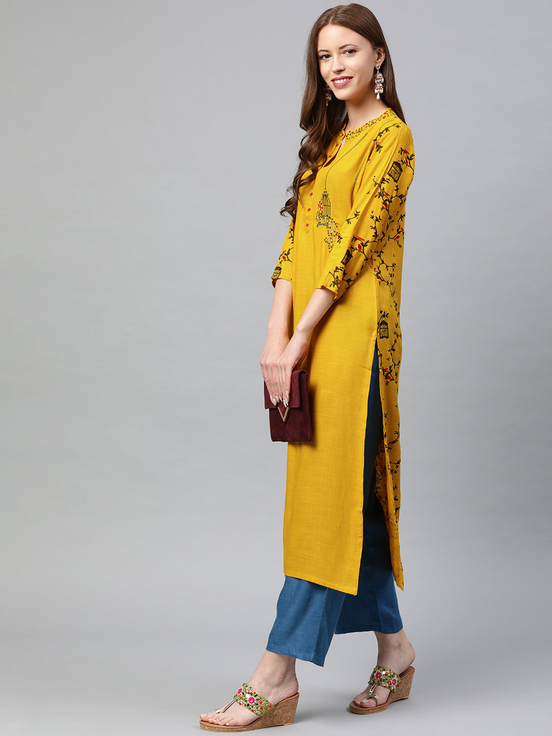 Neerus Yellow rayon embroidered straight kurta - detail view 2