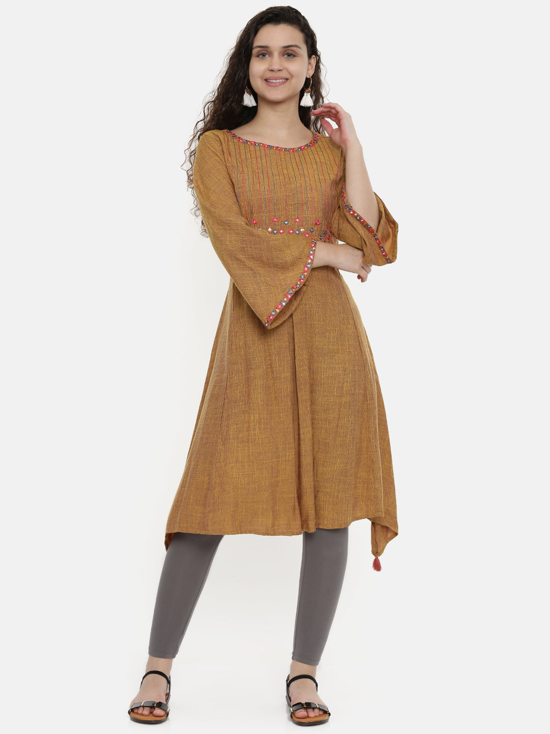 Neerus Brown rayon embroidered A-line kurta - front view