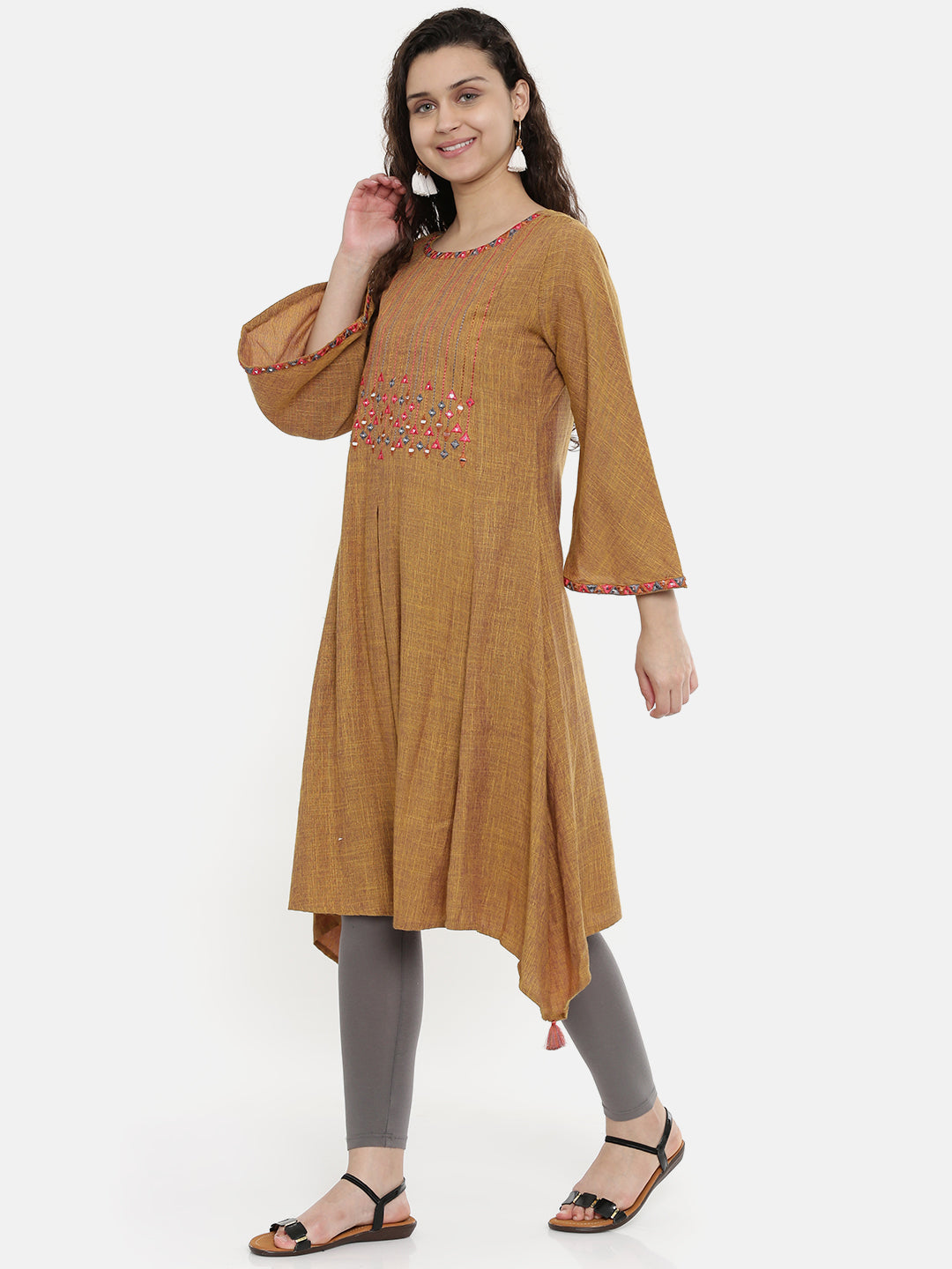 Neerus Brown rayon embroidered A-line kurta - detail view 2