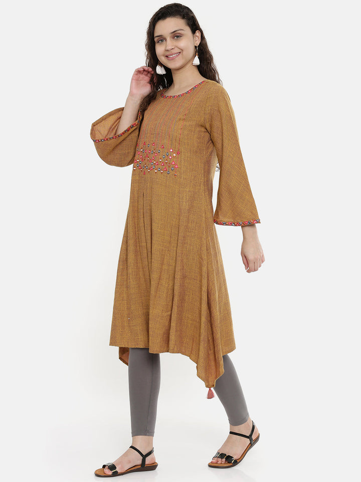 Neerus Brown rayon embroidered A-line kurta - detail view 2