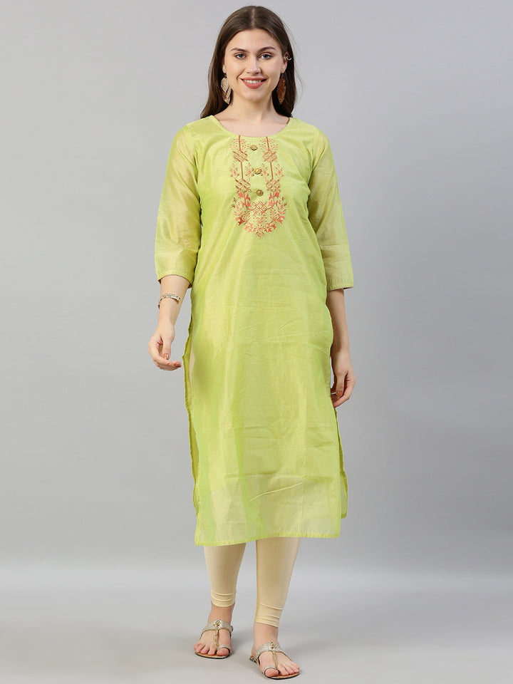 Neerus Green Chanderi Embroidered Straight Kurta - front view