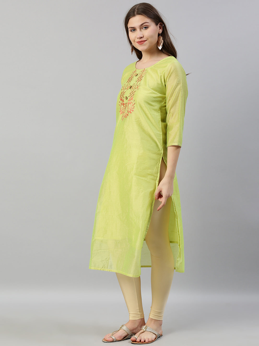 Neerus Green Chanderi Embroidered Straight Kurta - side view