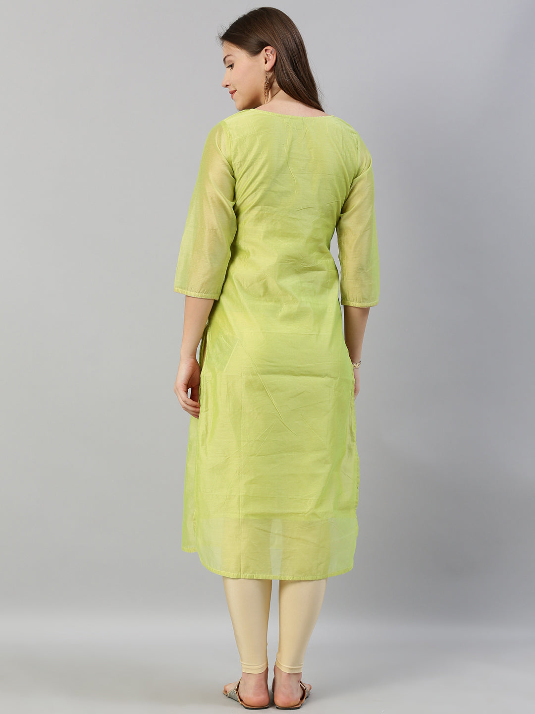 Neerus Green Chanderi Embroidered Straight Kurta - detail view 1