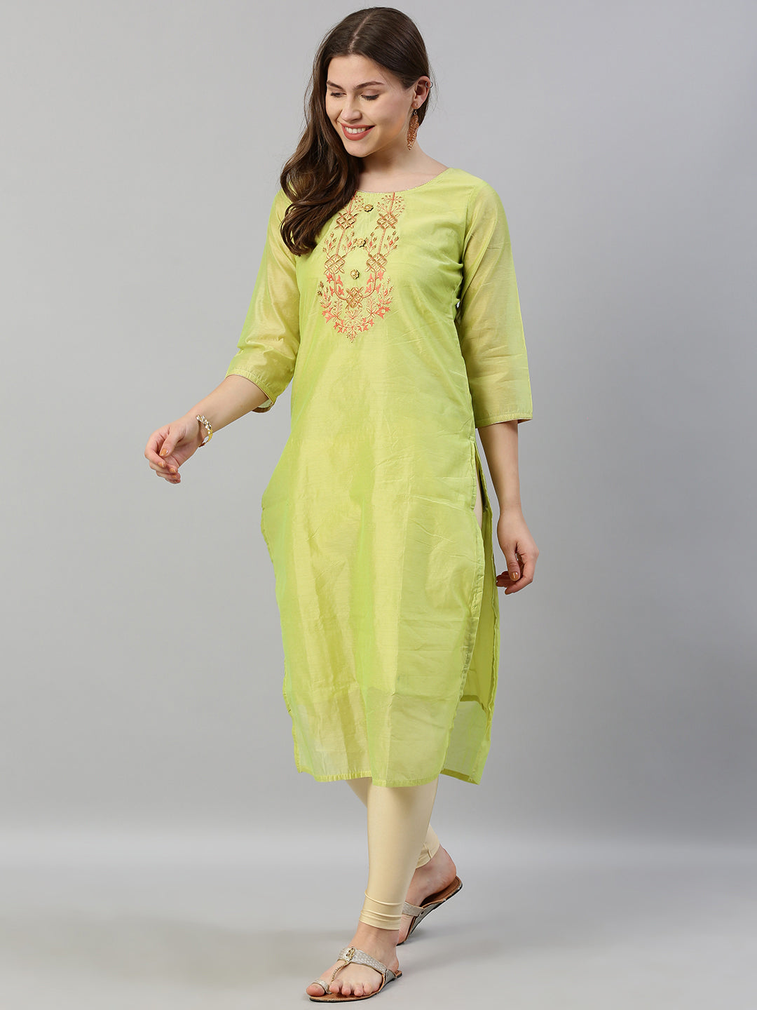 Neerus Green Chanderi Embroidered Straight Kurta - detail view 2