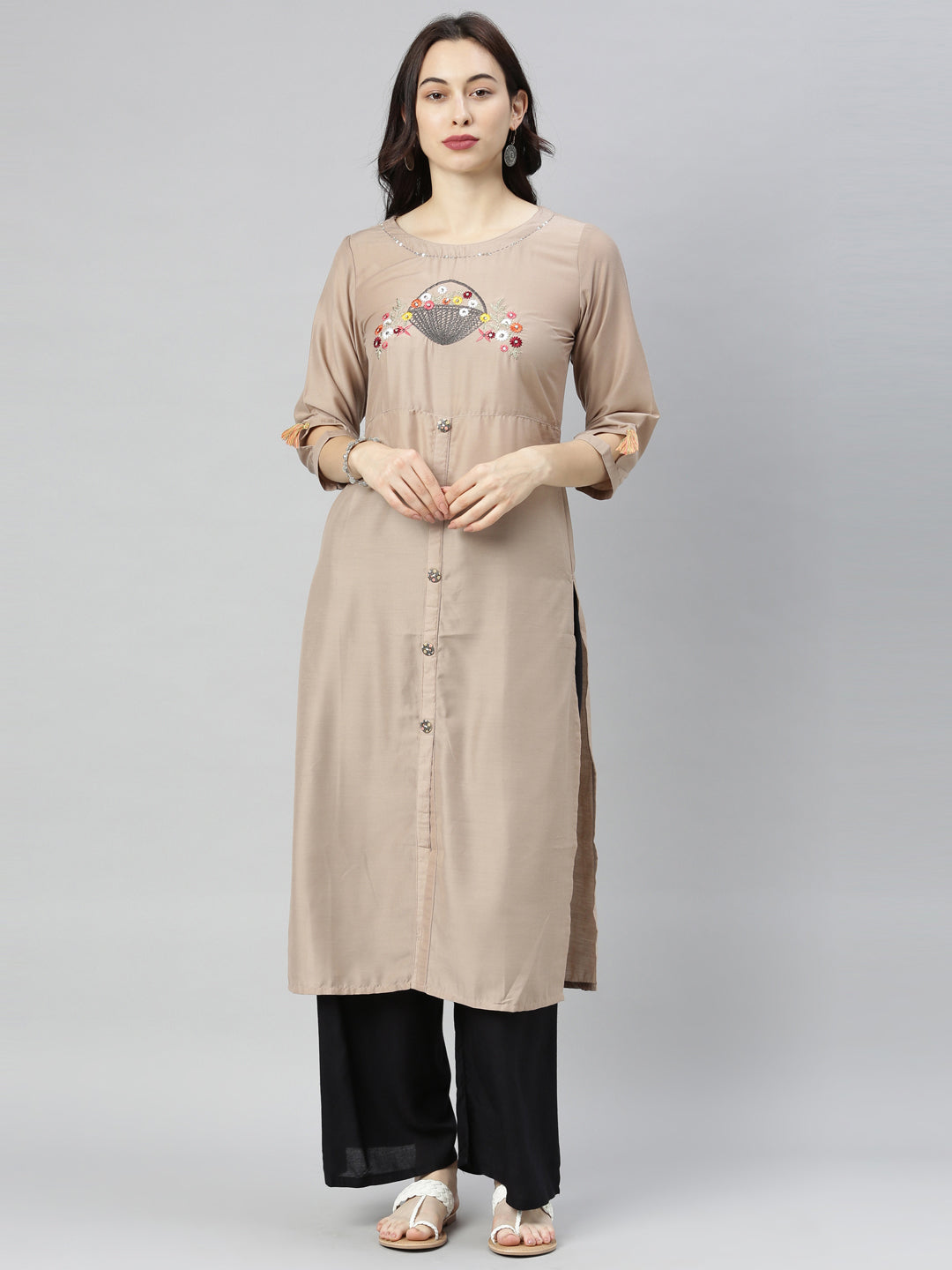 Neerus Beige embroidered straight kurta - front view