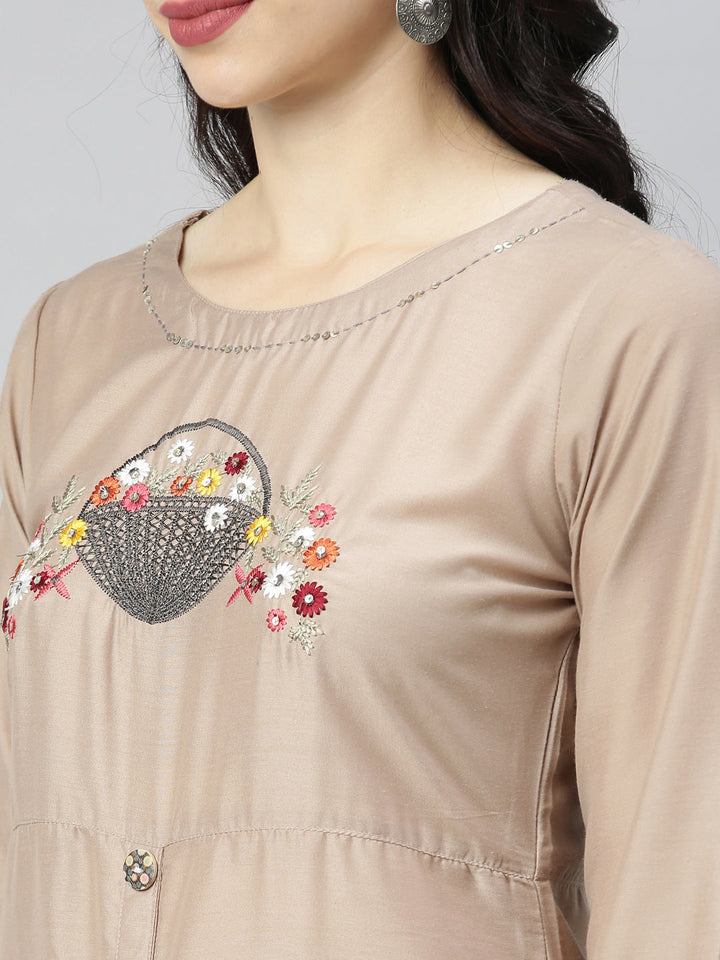 Neerus Beige embroidered straight kurta - back view