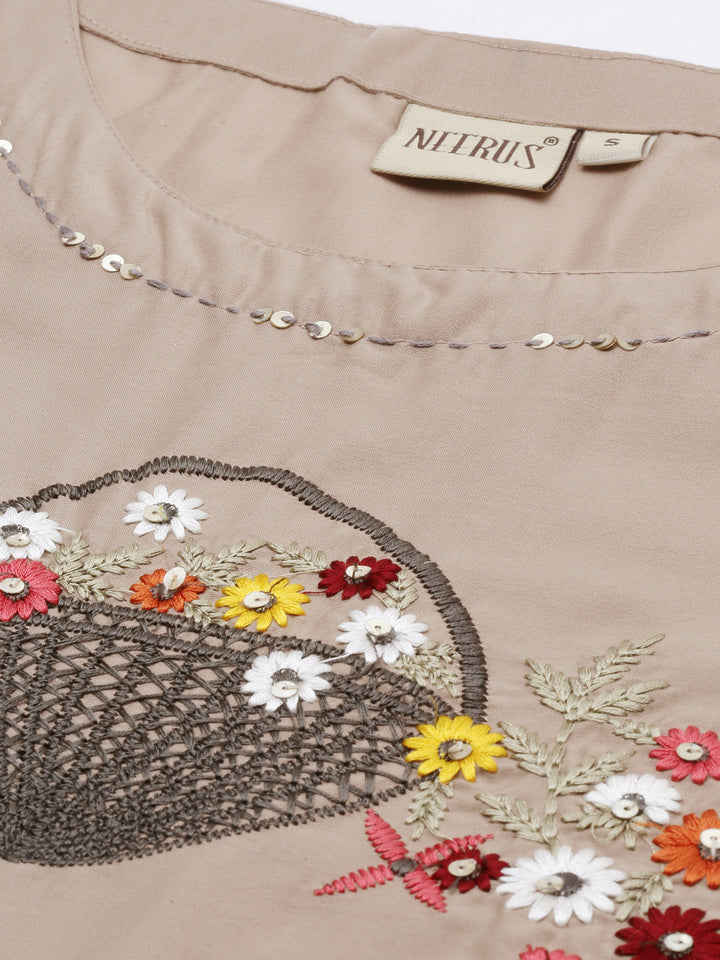 Neerus Beige embroidered straight kurta - side view