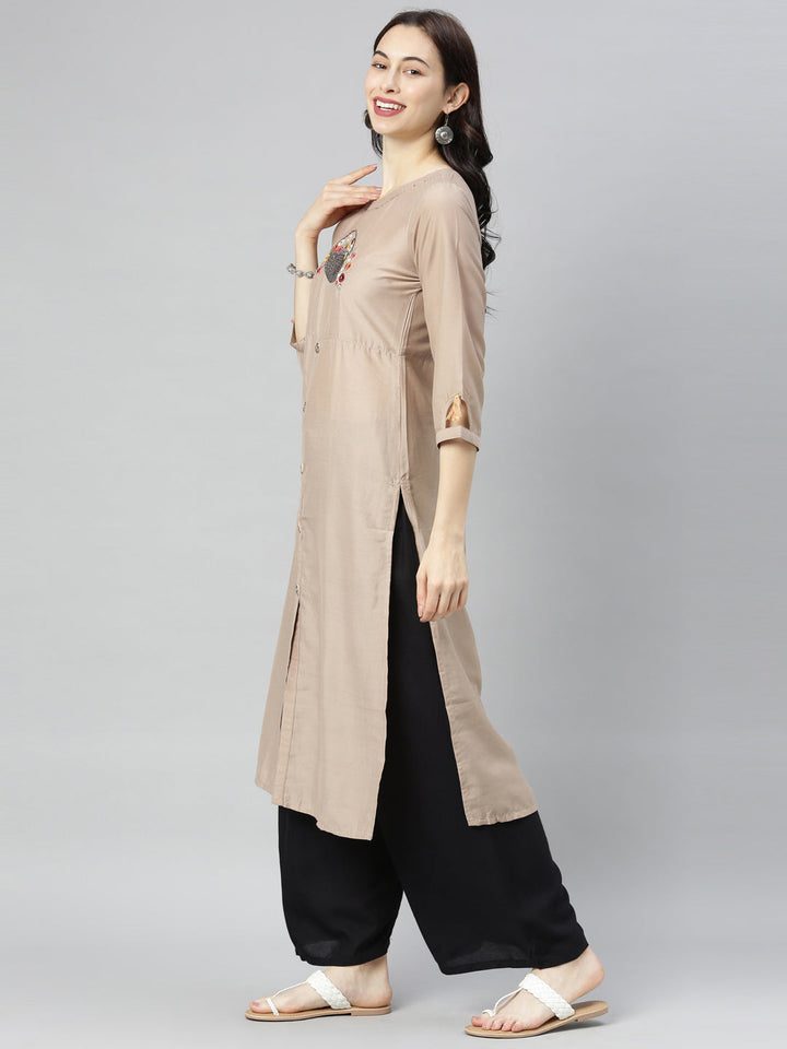 Neerus Beige embroidered straight kurta - detail view 2