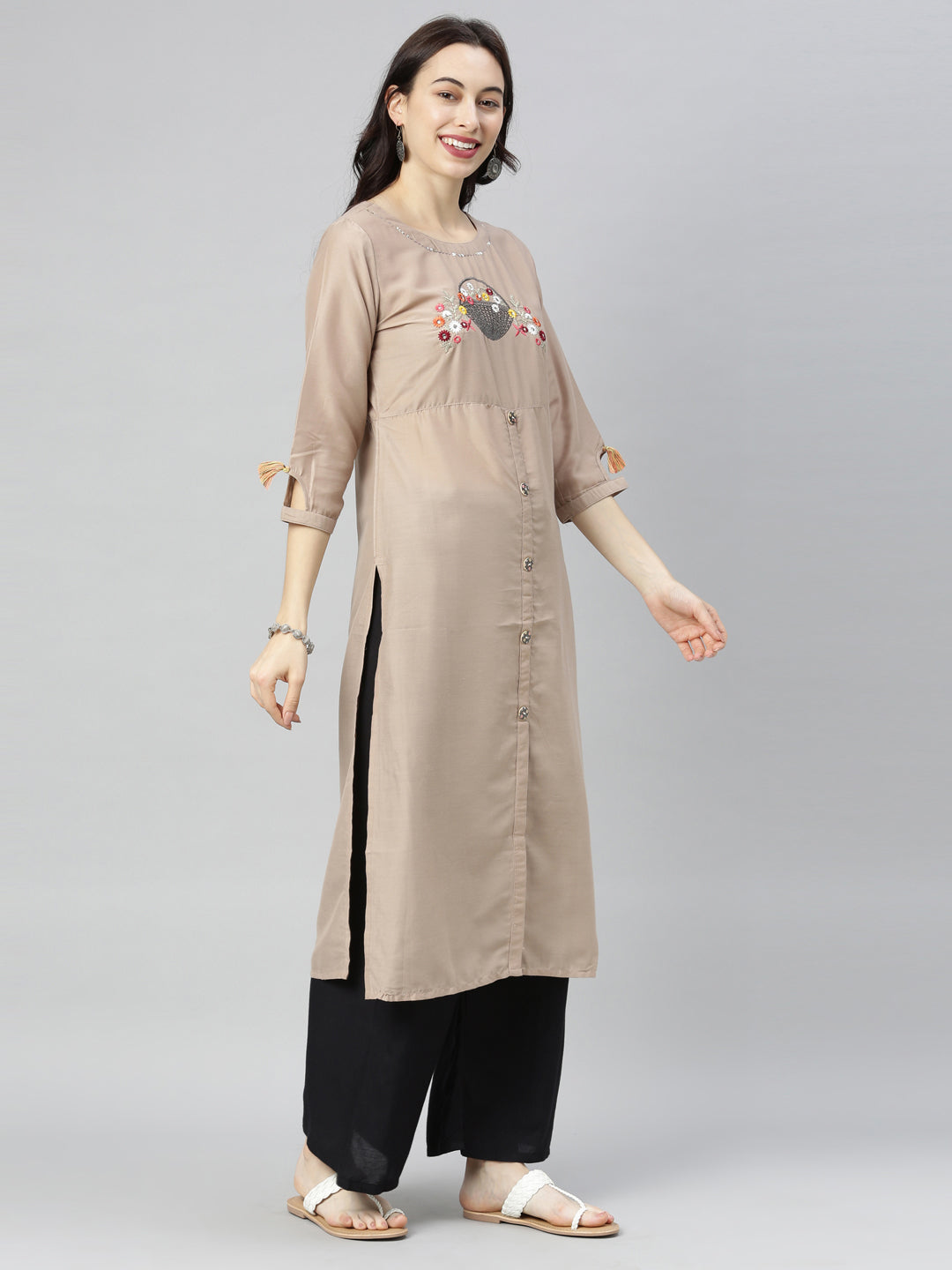 Neerus Beige embroidered straight kurta - detail view 3