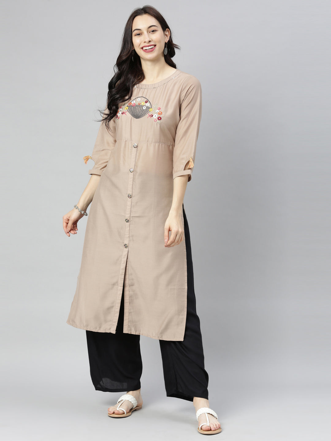 Neerus Beige embroidered straight kurta - detail view 5