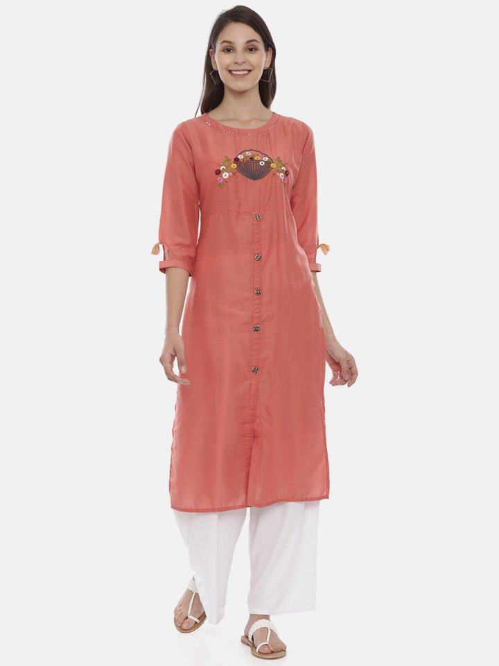 Neerus Pink muslin embroidered straight kurta - front view