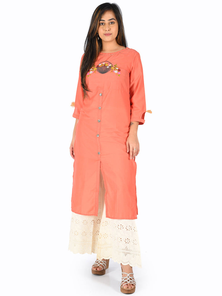 Neerus Pink muslin embroidered straight kurta - detail view 4