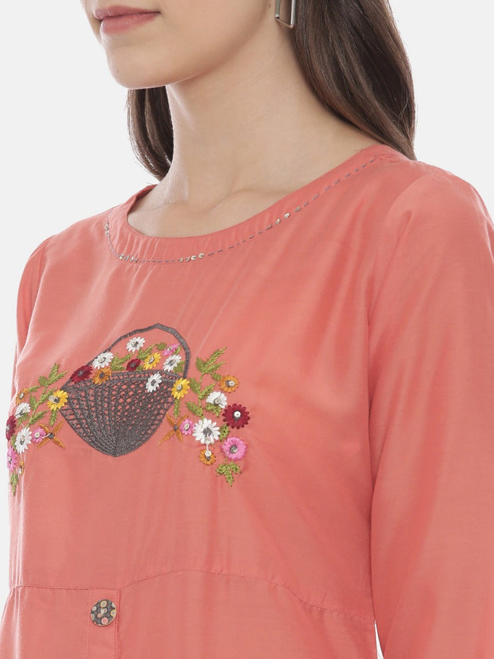 Neerus Pink muslin embroidered straight kurta - back view