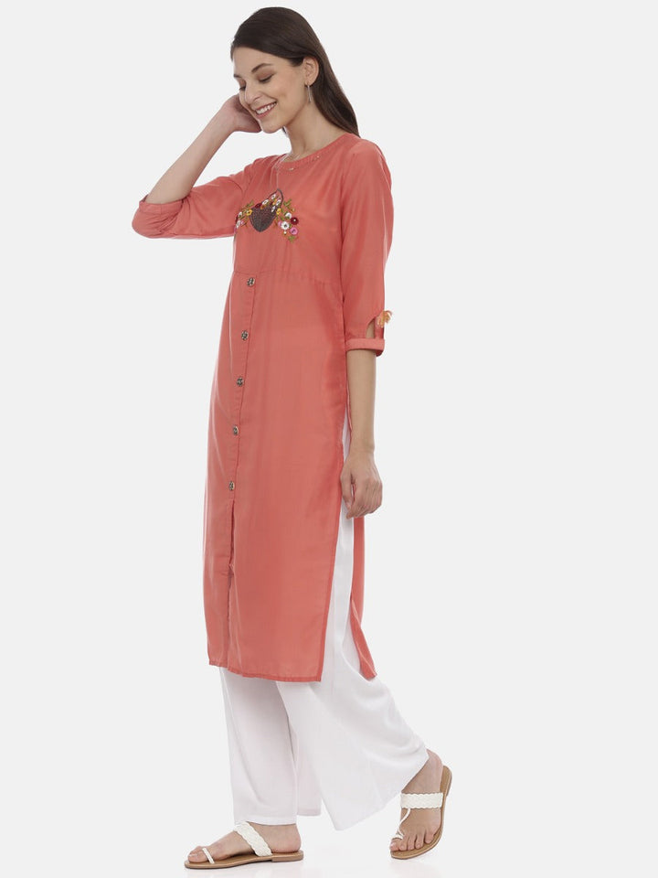 Neerus Pink muslin embroidered straight kurta - side view