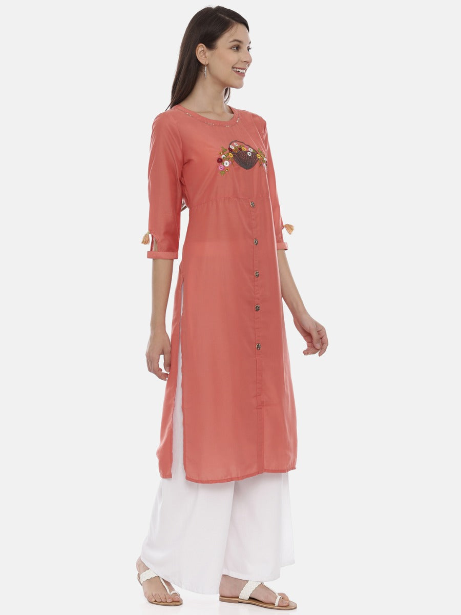 Neerus Pink muslin embroidered straight kurta - detail view 1