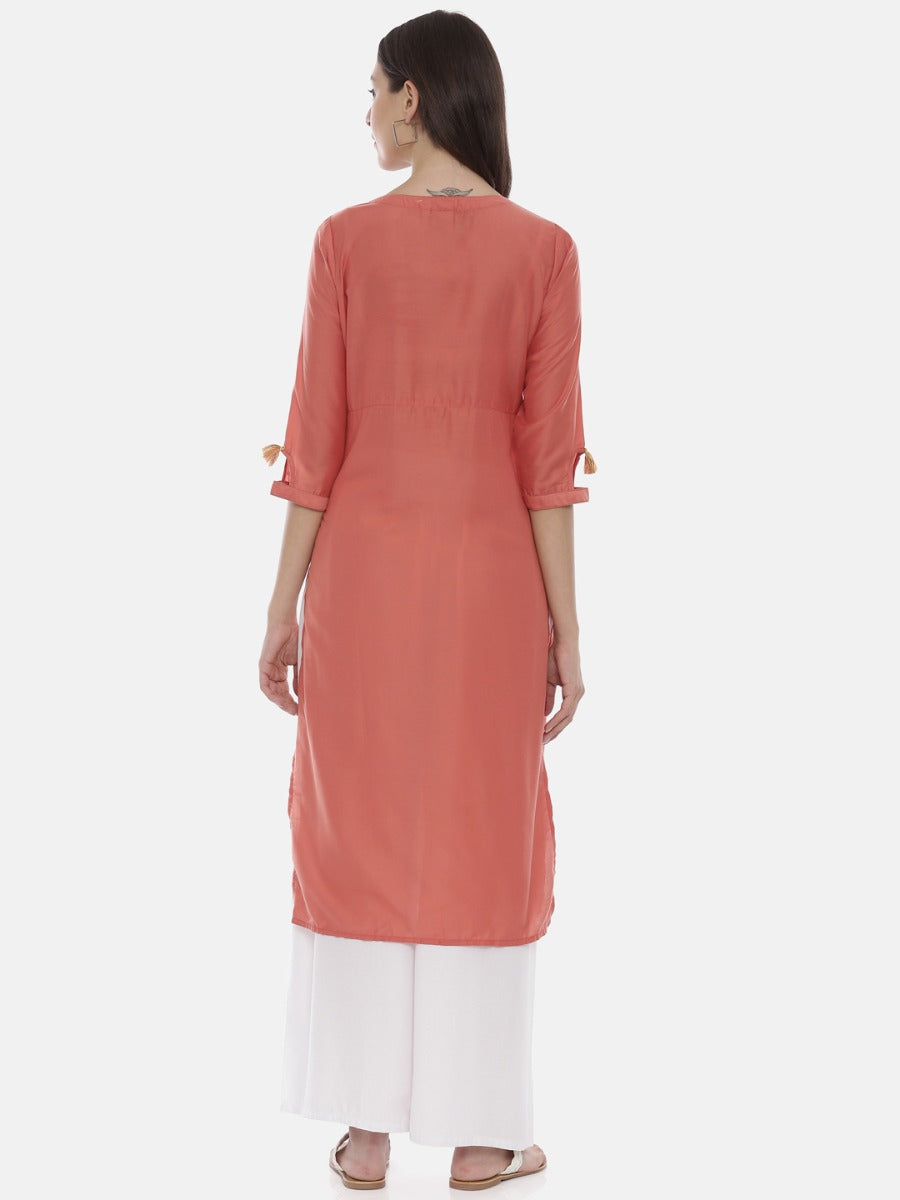 Neerus Pink muslin embroidered straight kurta - detail view 2