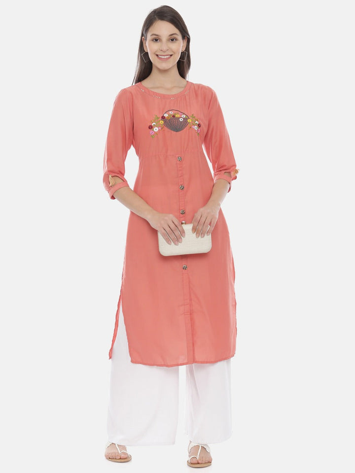 Neerus Pink muslin embroidered straight kurta - detail view 3