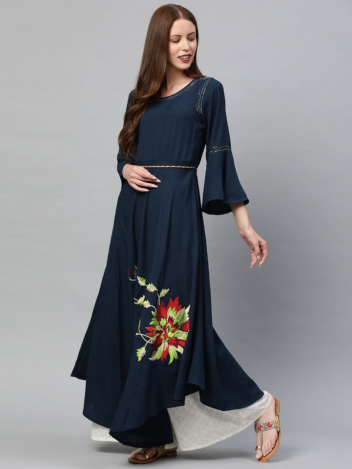 Neerus Blue Rayon Embroidered Anarkali Kurti - side view
