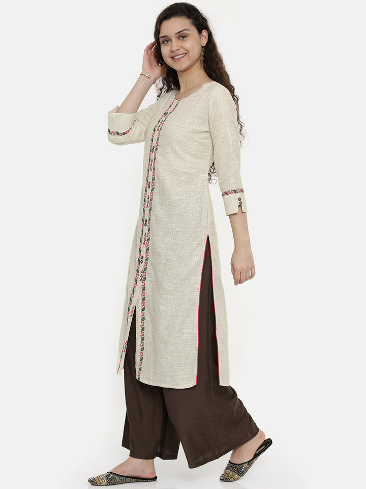 Neerus Beige cotton woven checked A-line kurta - side view