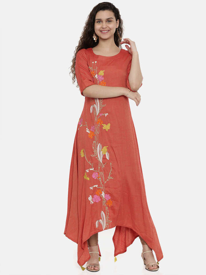 Neerus Orange rayon embroidered asymmetric A-line kurta - detail view 4