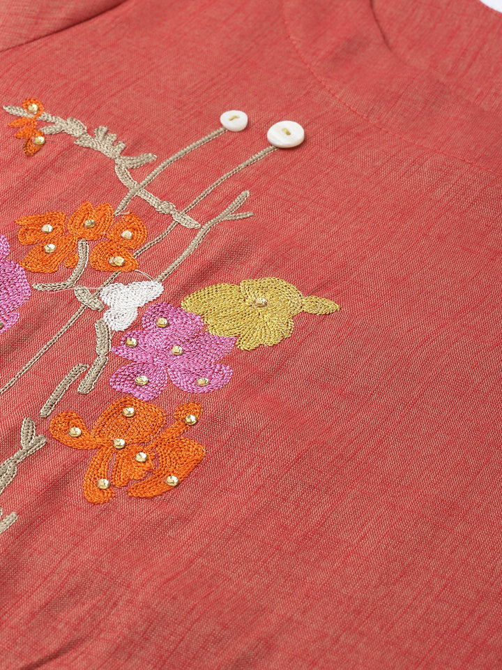 Neerus Orange rayon embroidered asymmetric A-line kurta - back view