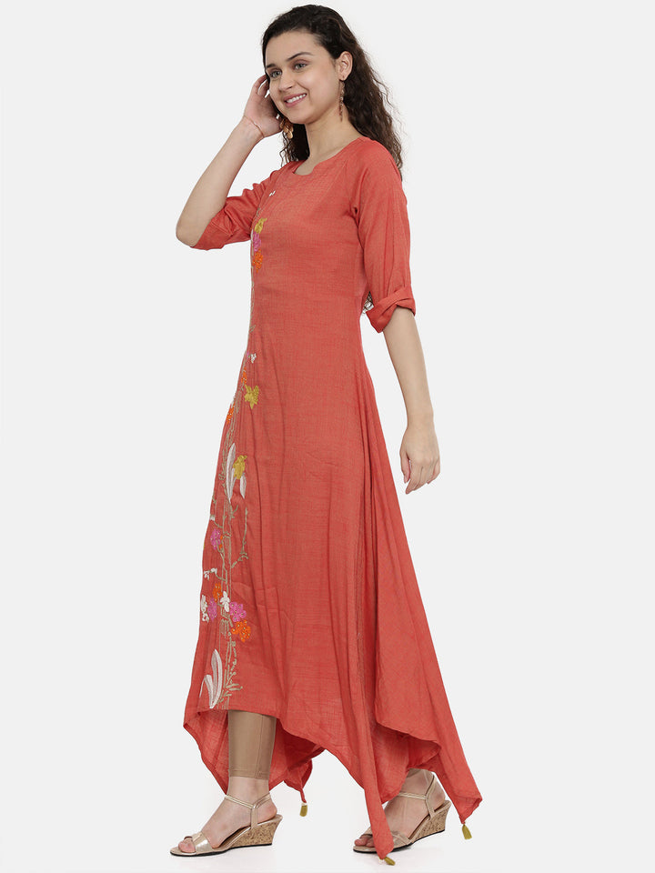 Neerus Orange rayon embroidered asymmetric A-line kurta - detail view 2