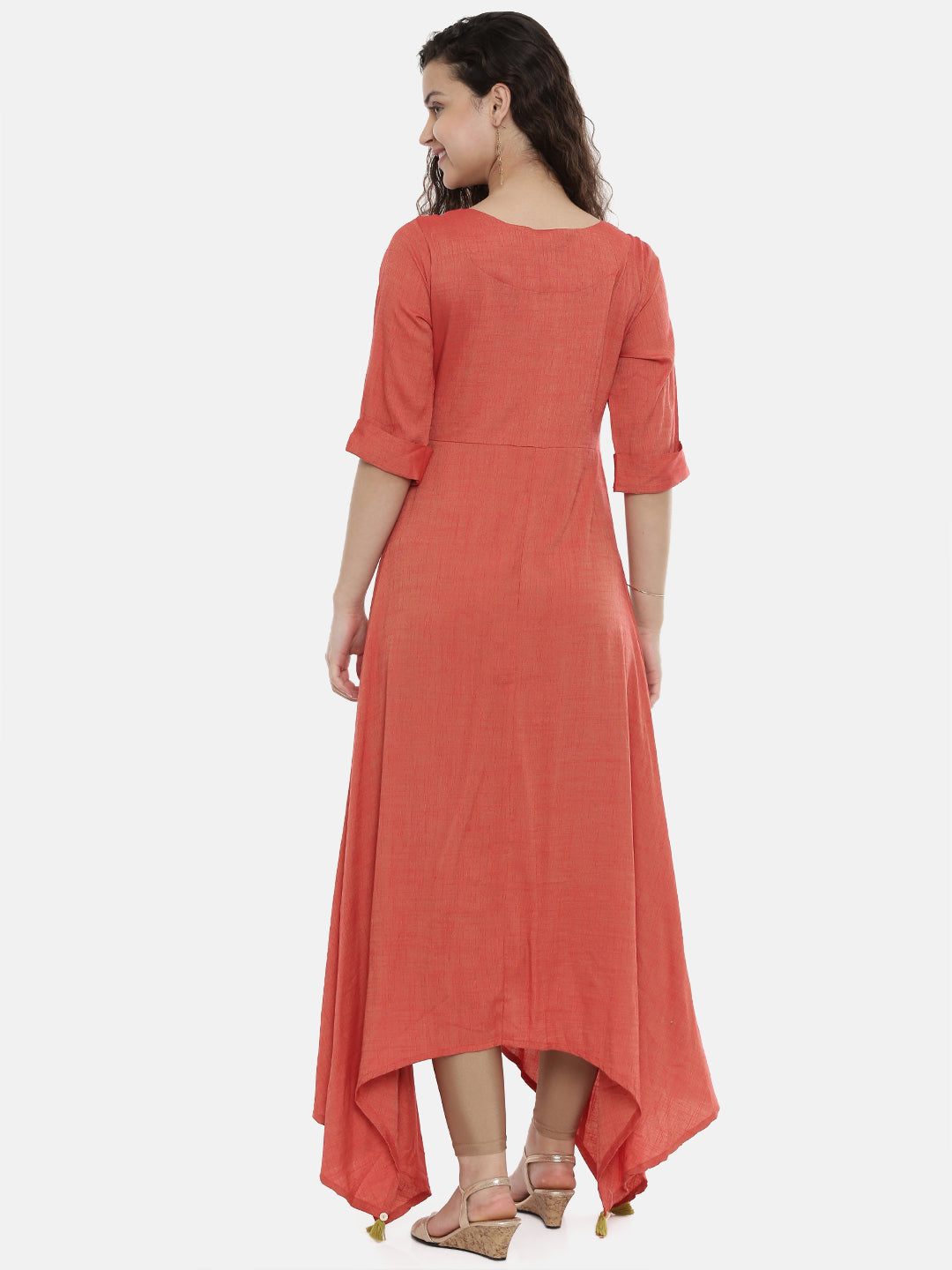 Neerus Orange rayon embroidered asymmetric A-line kurta - detail view 3