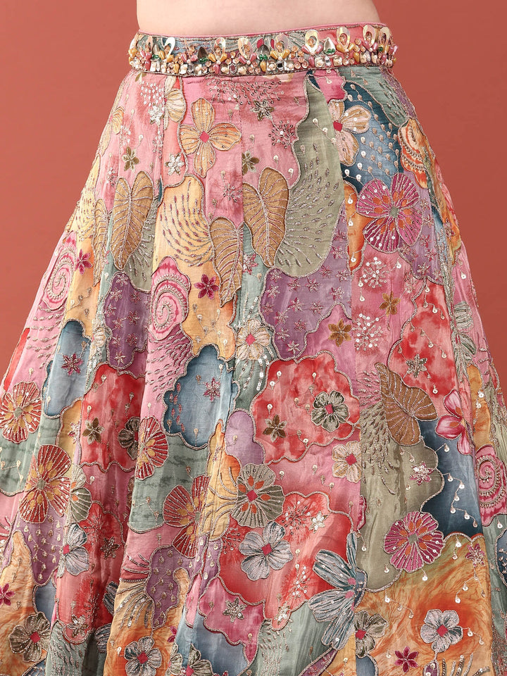 Neerus Multi chinon embroidered lehenga ghagra set - detail view 4