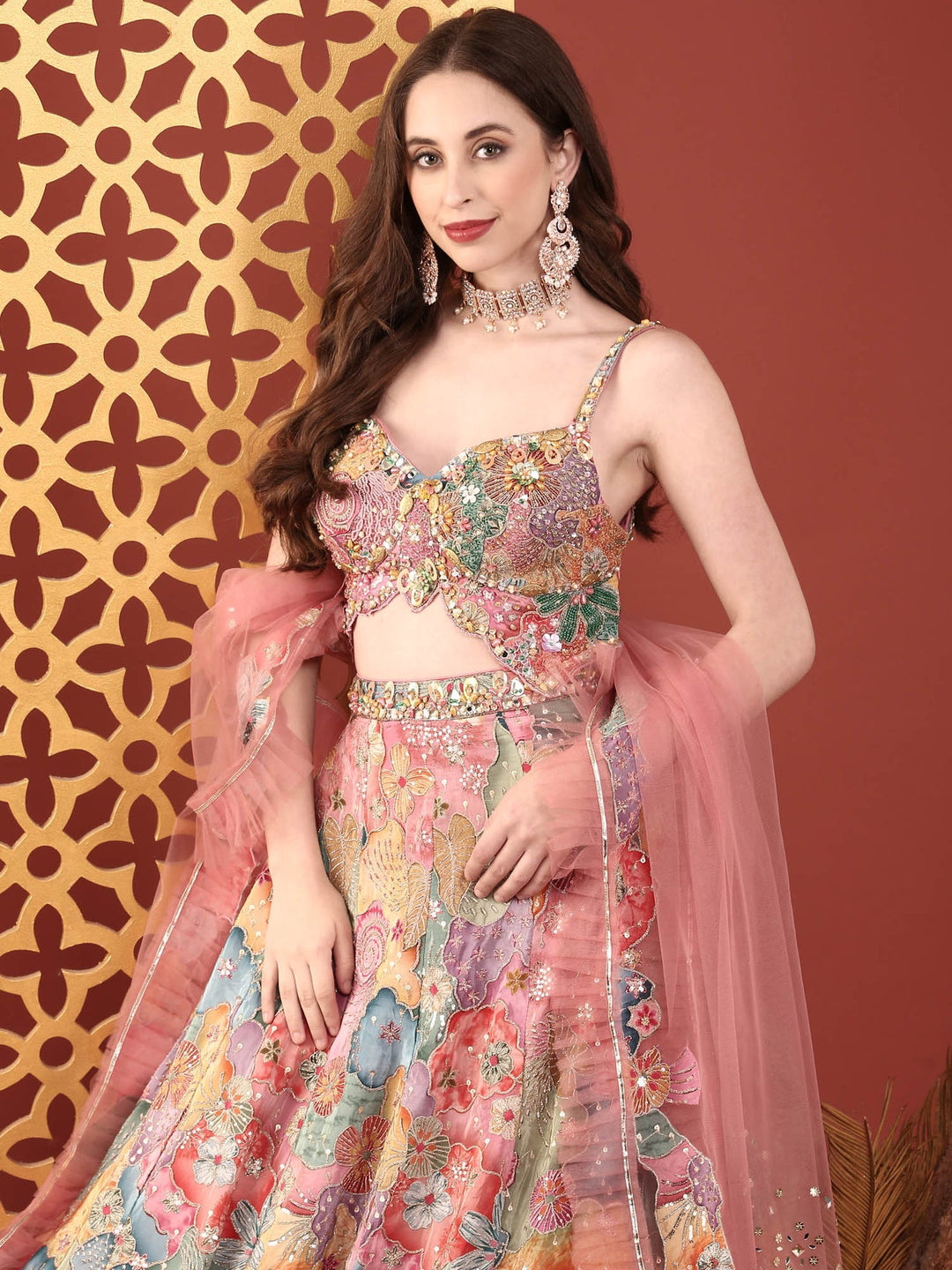 Neerus Multi chinon embroidered lehenga ghagra set - detail view 3